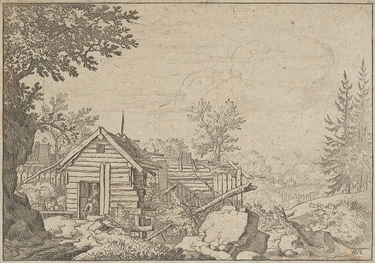 Two Men in the Door of the Hut, Allart van Everdingen (Dutch, Alkmaar 1621–1675 Amsterdam), Engraving; third state of three 