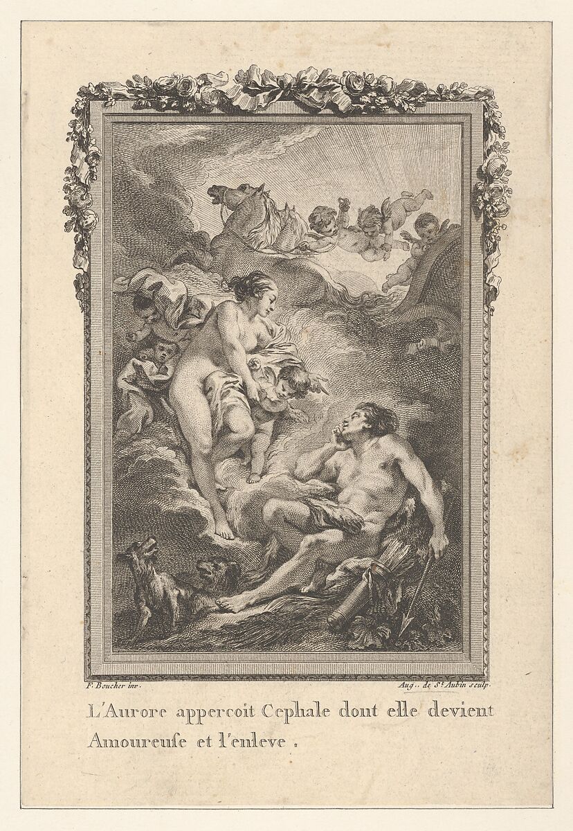 Vignette (Tome I.er, page 164, lib. II, fab. 15), depicting Cephalus and Aurora, from "Les Métamorphoses d'Ovide en Latin et en François de la traduction de M. l'Abbé Banier de l'Académie Royale des Inscriptions et Belles-Lettres. Avec des explications historiques. A Paris Chez Despilly rue saint Jacques à la croix d'or. MDCCLXVII. Avec Approbation et Privilège du Roi", Augustin de Saint-Aubin (French, Paris 1736–1807 Paris), Etching and engraving; third state of four (Bocher) 