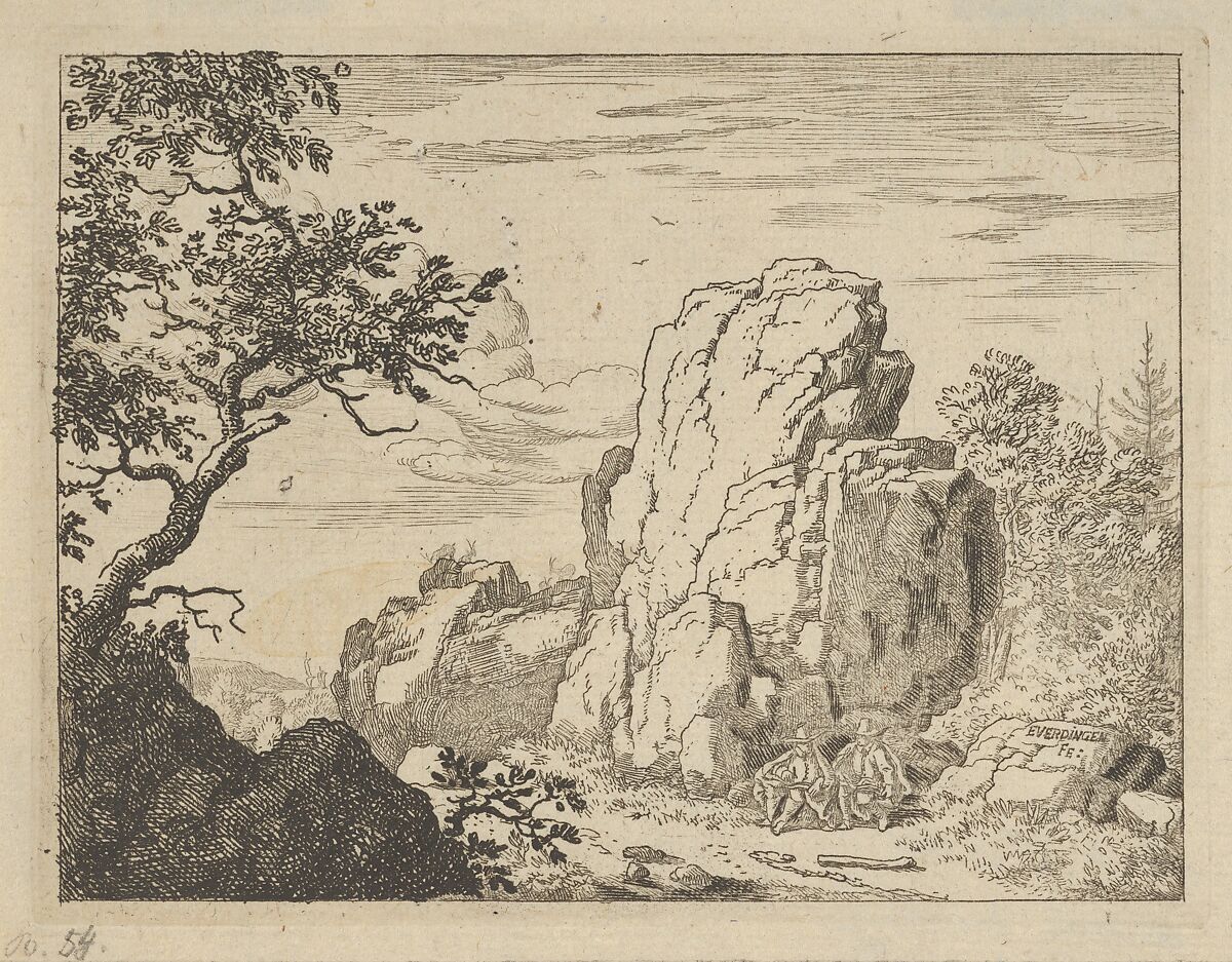 Two Men Seated at the Foot of a High Rock, Allart van Everdingen (Dutch, Alkmaar 1621–1675 Amsterdam), Engraving; third state of three 