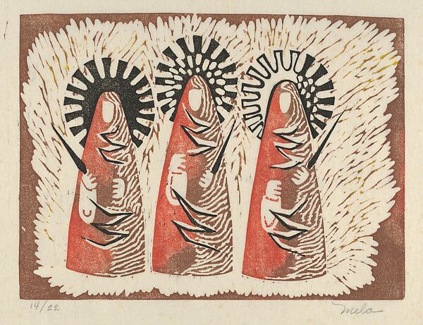 Tres Marias (Three Marys), Mela Pons de Alegria (American (Puerto Rican)), Colored linocut 