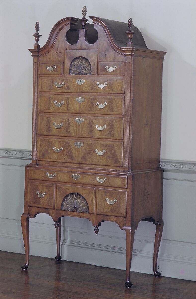 High Chest of Drawers, Walnut, walnut veneer, eastern white pine; brass, American