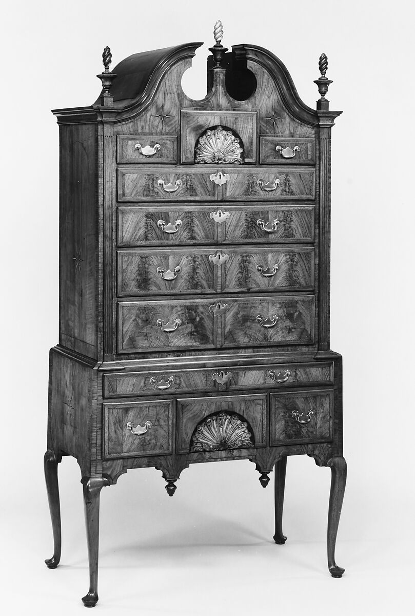 High Chest of Drawers, Walnut, walnut veneer, eastern white pine; brass, American