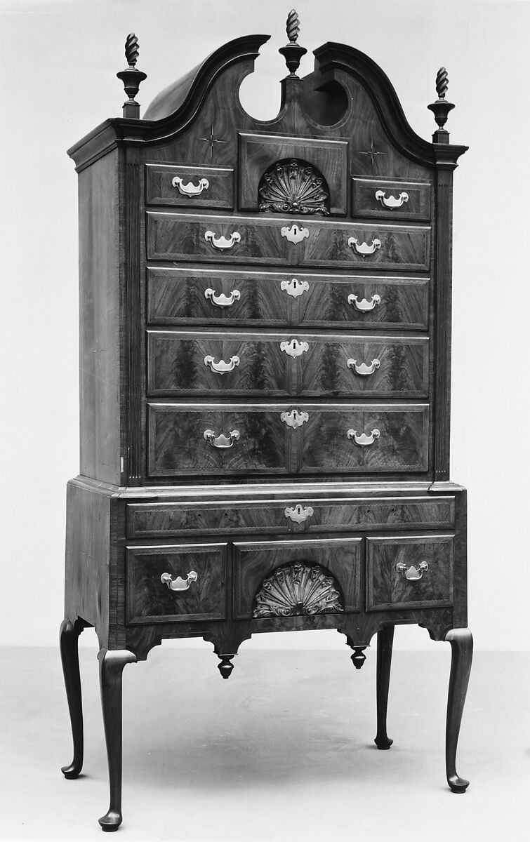 High Chest of Drawers, Walnut, walnut veneer, eastern white pine; brass, American