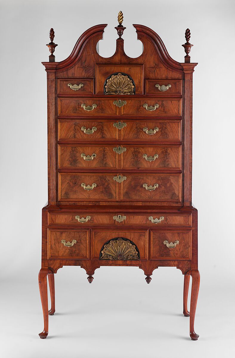 High Chest of Drawers, Walnut, walnut veneer, eastern white pine; brass, American