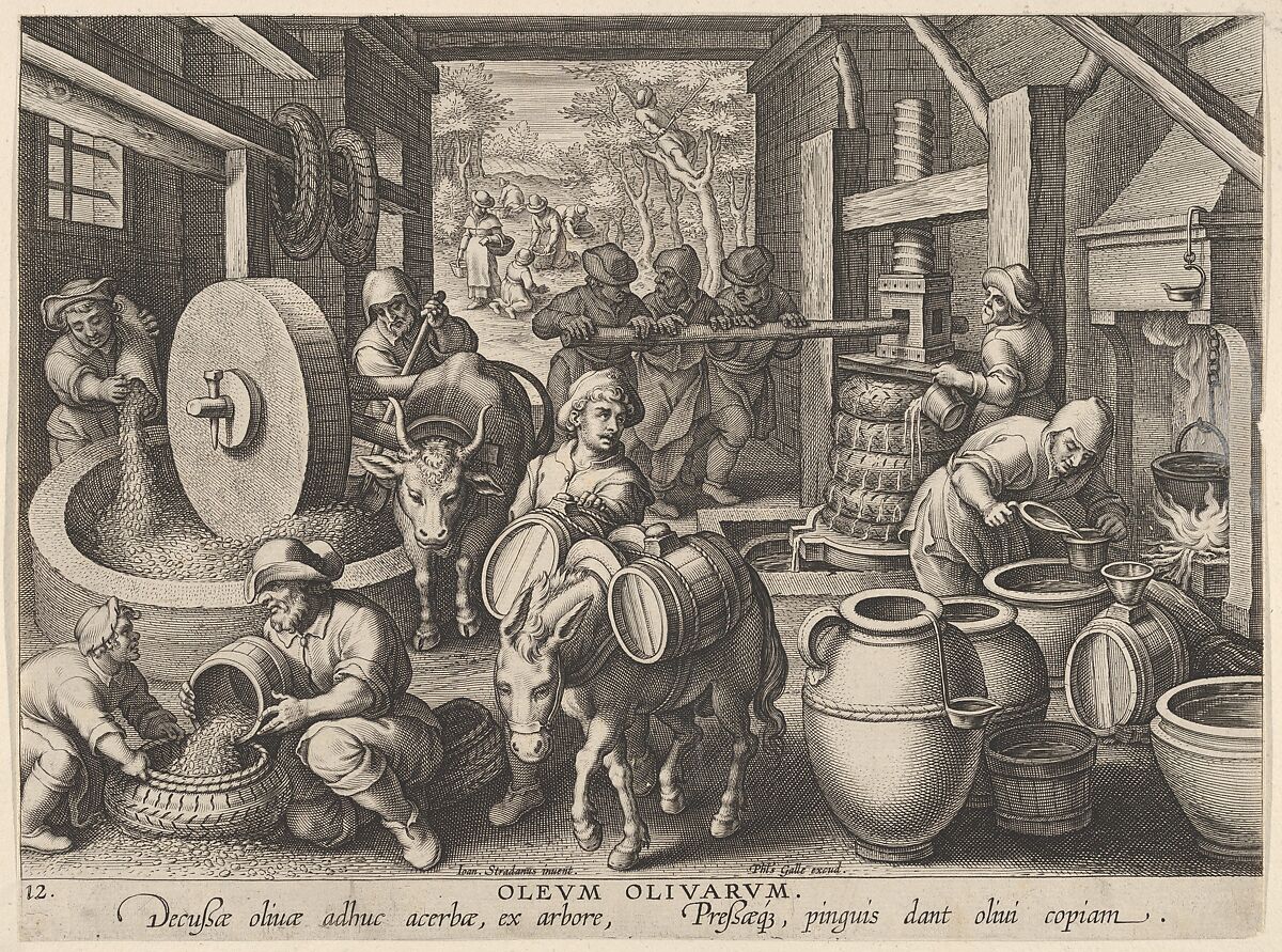 New Inventions of Modern Times [Nova Reperta], The Invention of the Olive Oil Press, plate 12, Jan Collaert I (Netherlandish, Antwerp ca. 1530–1581 Antwerp), Engraving 
