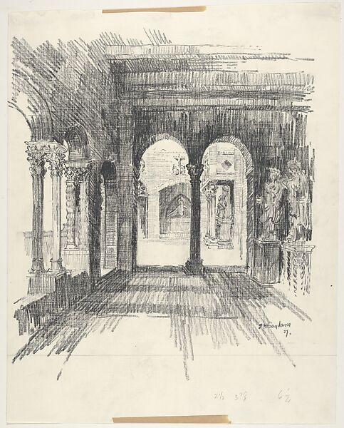 Interior View of the Side Aisle of Barnard's Cloisters, Edward Howard Suydam (American, Vineland, New Jersey 1885–1940 Charlottesville, Virginia), Charcoal 