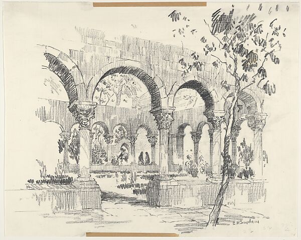 View of Cuxa Cloisters in the Garden of Barnard's Cloisters, Edward Howard Suydam (American, Vineland, New Jersey 1885–1940 Charlottesville, Virginia), Charcoal 