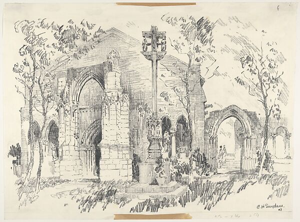 Exterior View of the Entrance of Barnard's Cloisters, Edward Howard Suydam (American, Vineland, New Jersey 1885–1940 Charlottesville, Virginia), Charcoal 