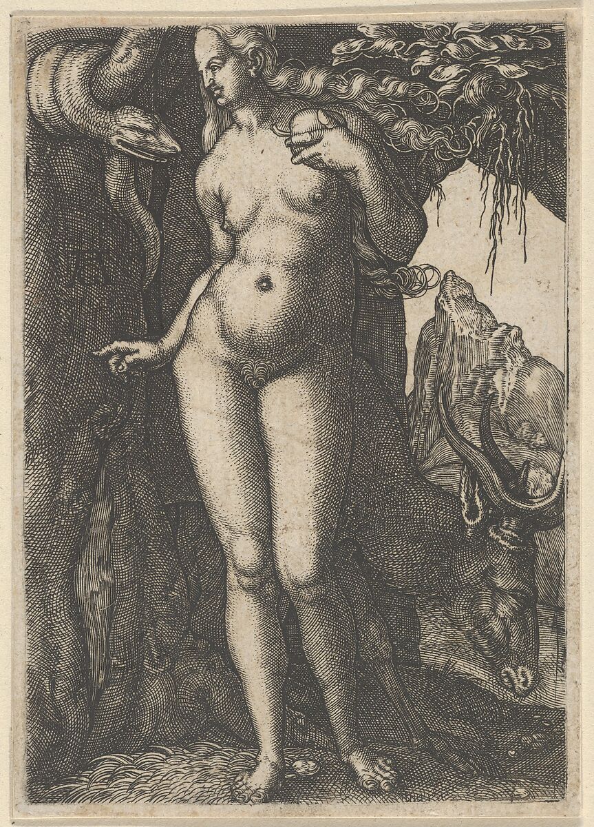 Eve with a Stag, Heinrich Aldegrever (German, Paderborn ca. 1502–1555/1561 Soest), Engraving; first state of two 