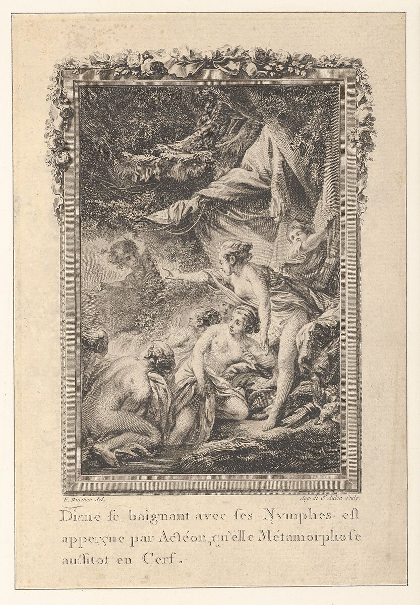 Vignette (Tome 1.er, page 200, lib. III, fab. 3), depicting Diana Turning Actaeon into a Stag, from Les Métamorphoses d'Ovide en Latin et en François de la traduction de M. l'Abbé Banier de l'Académie Royale des Inscriptions et Belles-Lettres. Avec des explications historiques. A Paris Chez Despilly rue saint Jacques à la croix d'or. MDCCLXVII. Avec Approbation et Privilège du Roi, Augustin de Saint-Aubin (French, Paris 1736–1807 Paris), Etching and engraving; fourth state of five (Bocher) 