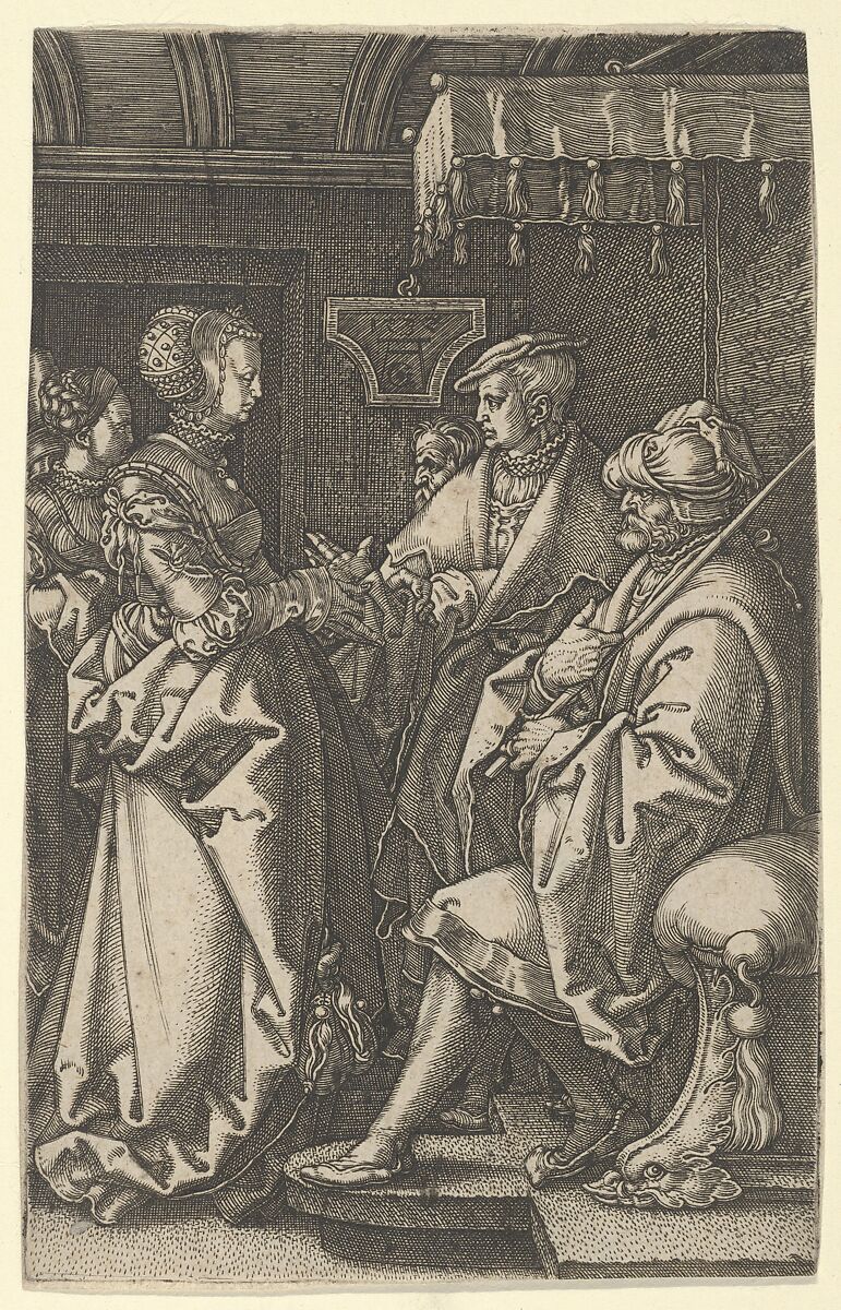 Potiphar's Wife Accusing Joseph, from "The Story of Joseph", Heinrich Aldegrever (German, Paderborn ca. 1502–1555/1561 Soest), Engraving; second state of two 