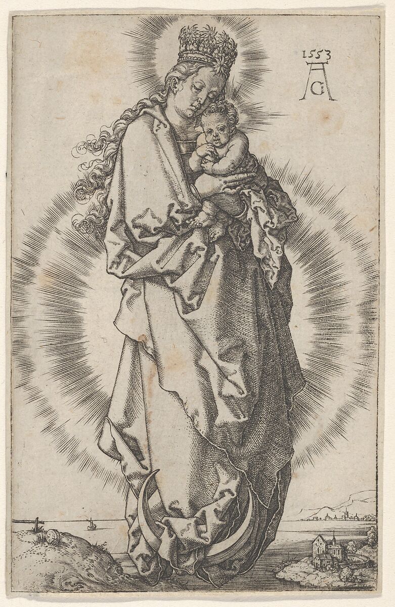 The Virgin and Child on a Crescent Moon, Heinrich Aldegrever (German, Paderborn ca. 1502–1555/1561 Soest), Engraving 