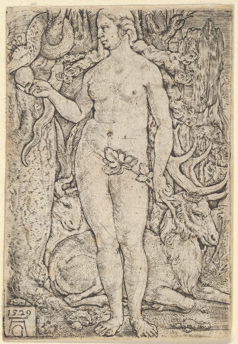 Eve with a Stag, Heinrich Aldegrever (German, Paderborn ca. 1502–1555/1561 Soest), Engraving 