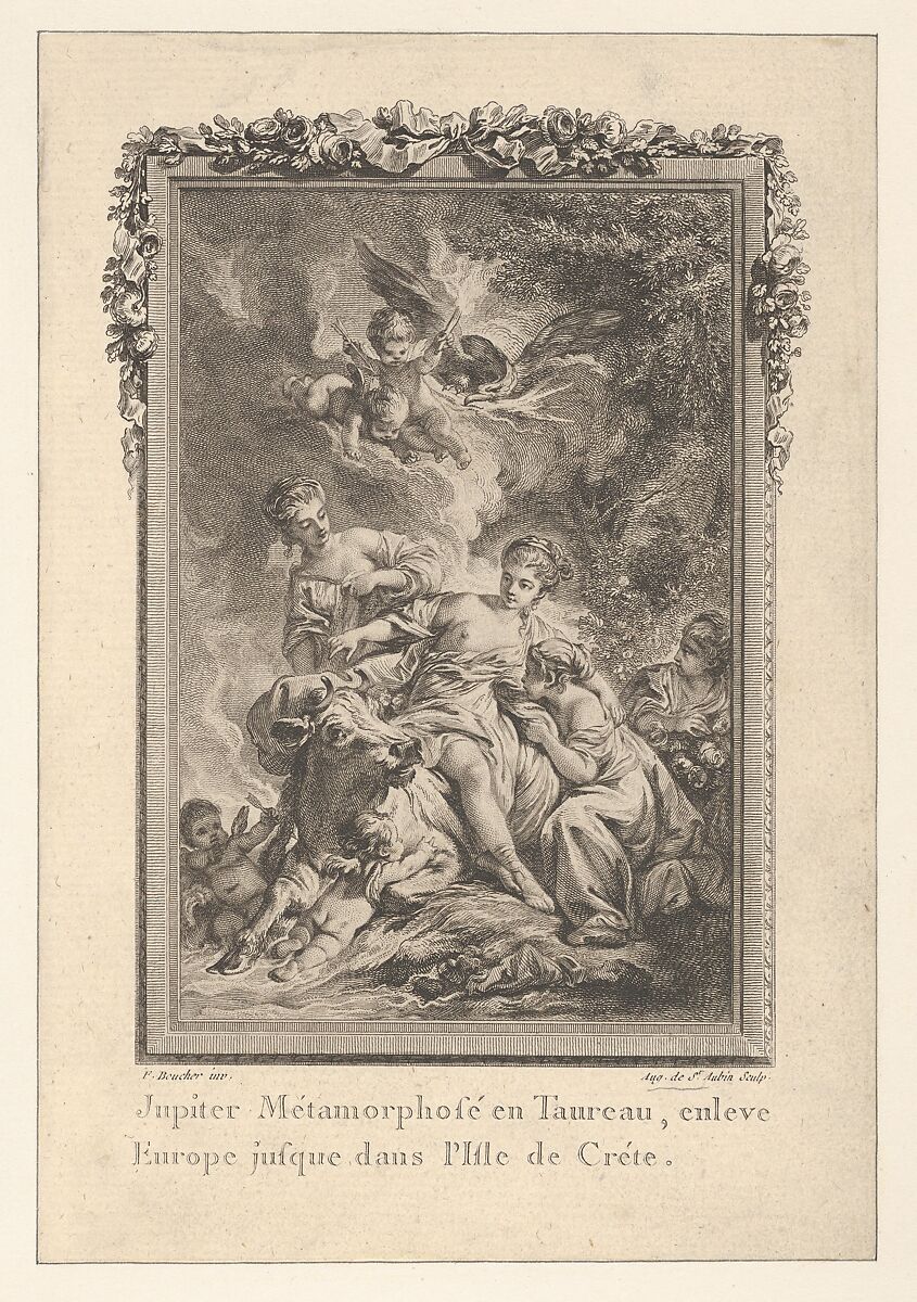 Vignette (Tome 1.er, page 164, lib. II, fab. 15), Jupiter Carries Europa Away, from Les Métamorphoses d'Ovide en Latin et en François de la traduction de M. l'Abbé Banier de l'Académie Royale des Inscriptions et Belles-Lettres. Avec des explications historiques. A Paris Chez Despilly rue saint Jacques à la croix d'or. MDCCLXVII. Avec Approbation et Privilège du Roi, Augustin de Saint-Aubin (French, Paris 1736–1807 Paris), Etching and engraving; third state of four (Bocher) 