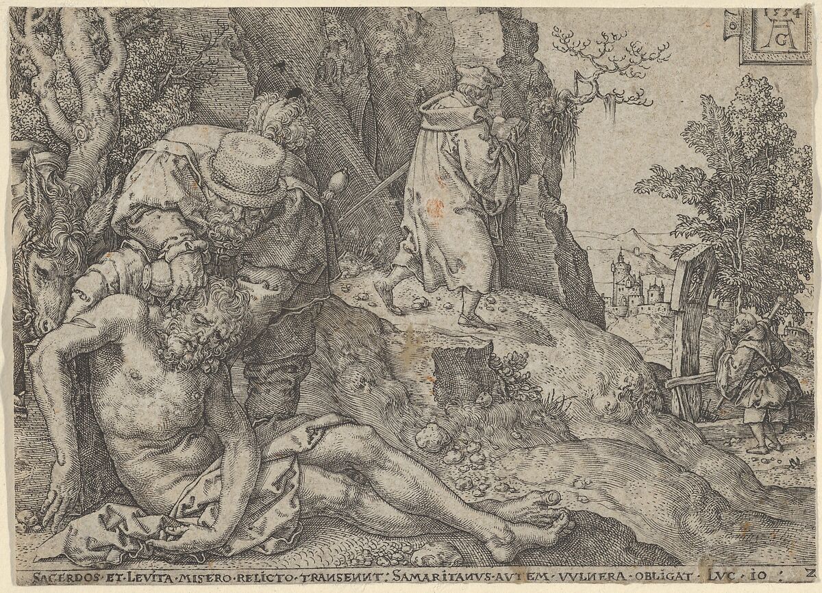 The Good Samaritan Tending the Traveller's Wounds with Oil and Wine or The Priest and the Levite Passing, from "The Parable of the Good Samaritan", Heinrich Aldegrever (German, Paderborn ca. 1502–1555/1561 Soest), Engraving 
