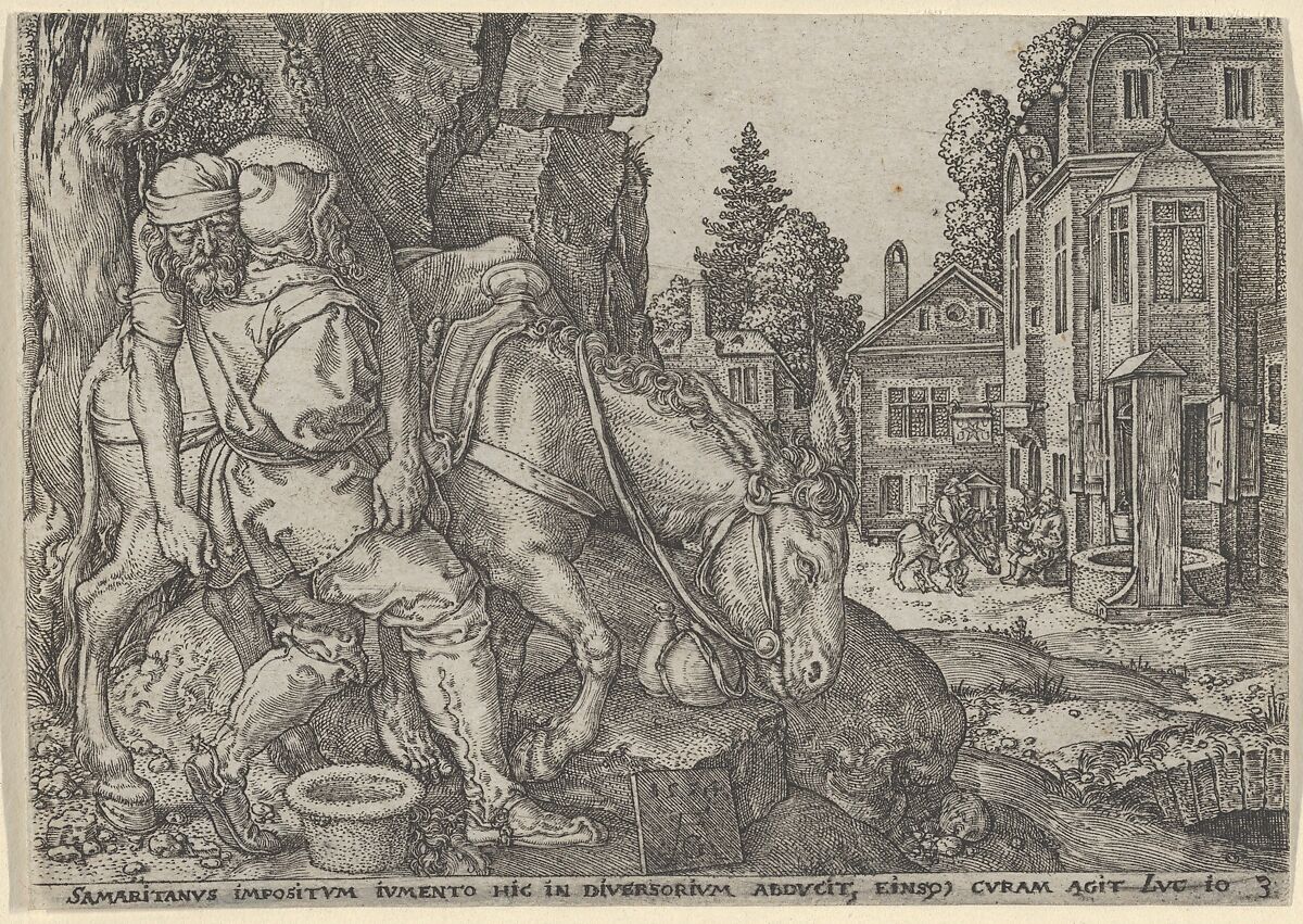 The Good Samaritan Putting the Traveller on His Donkey, from "The Parable of the Good Samaritan", Heinrich Aldegrever (German, Paderborn ca. 1502–1555/1561 Soest), Engraving 