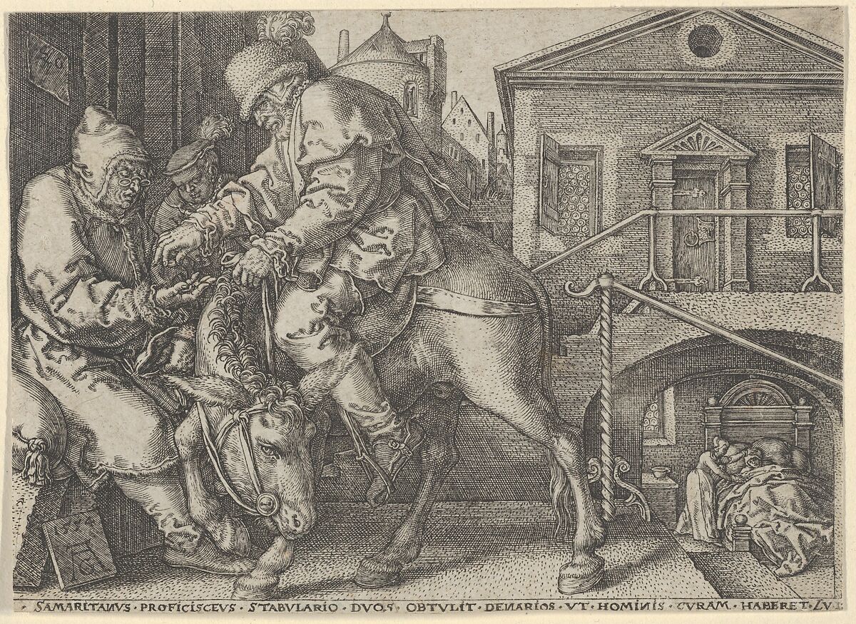 The Good Samaritan Paying the Innkeeper for the Care of the Wounded Man, from "The Parable of the Good Samaritan", Heinrich Aldegrever (German, Paderborn ca. 1502–1555/1561 Soest), Engraving 