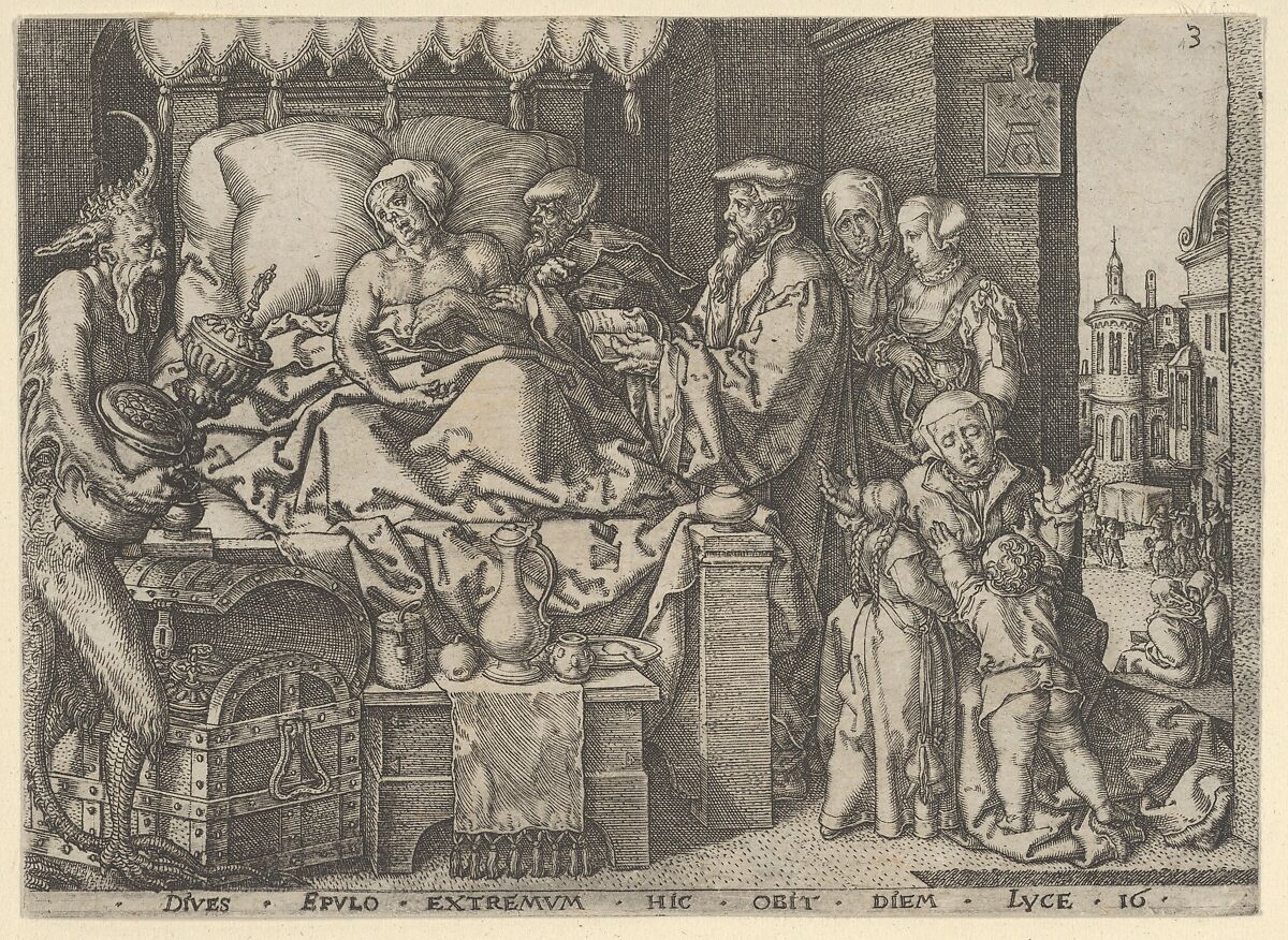 The Rich Man on His Deathbed, from "The Parable of the Rich Man and Lazarus", Heinrich Aldegrever (German, Paderborn ca. 1502–1555/1561 Soest), Engraving 