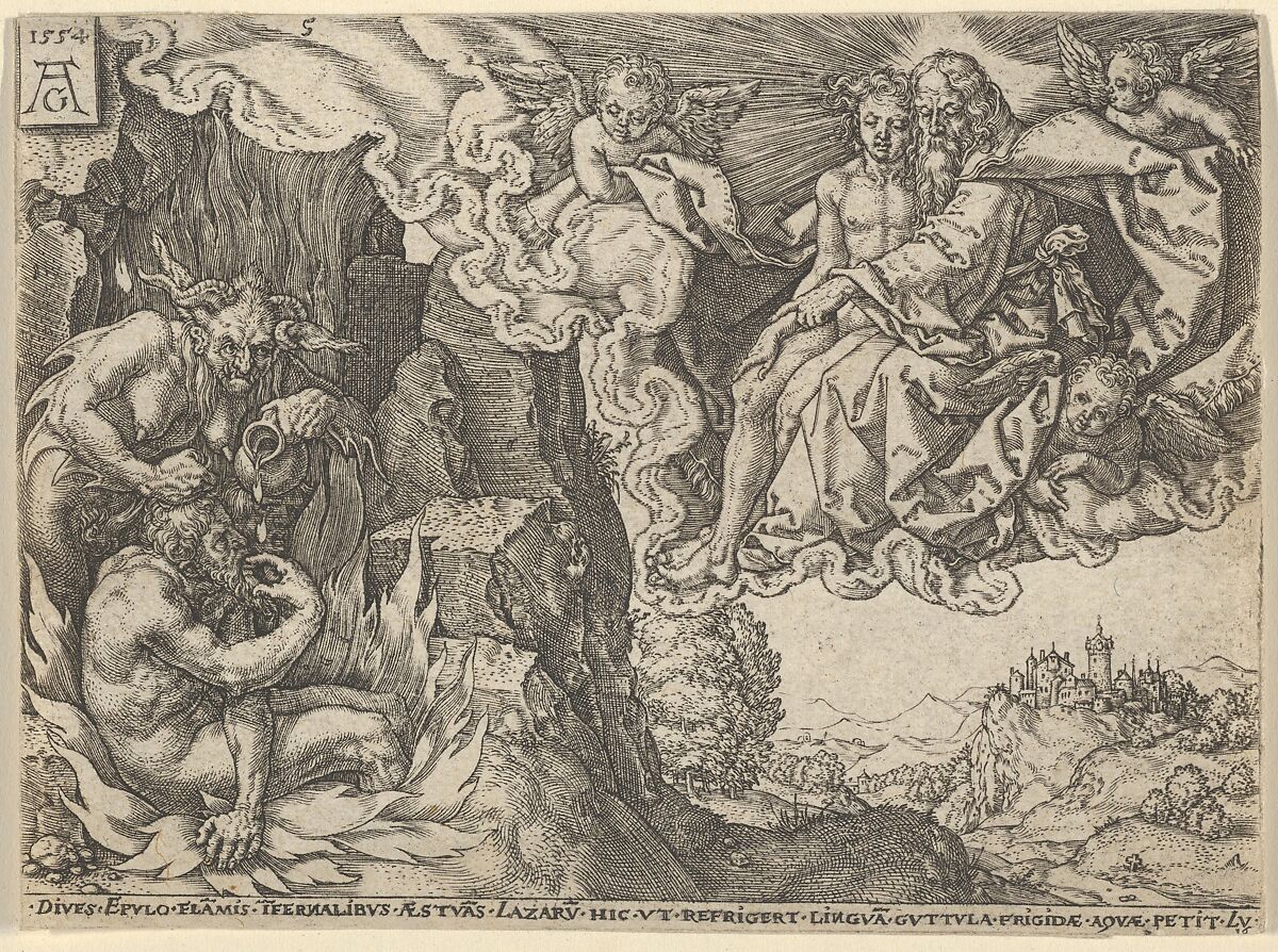The Rich Man in Hell, Seeing Lazarus Embraced by Abraham, from "The Parable of the Rich Man and Lazarus", Heinrich Aldegrever (German, Paderborn ca. 1502–1555/1561 Soest), Engraving 