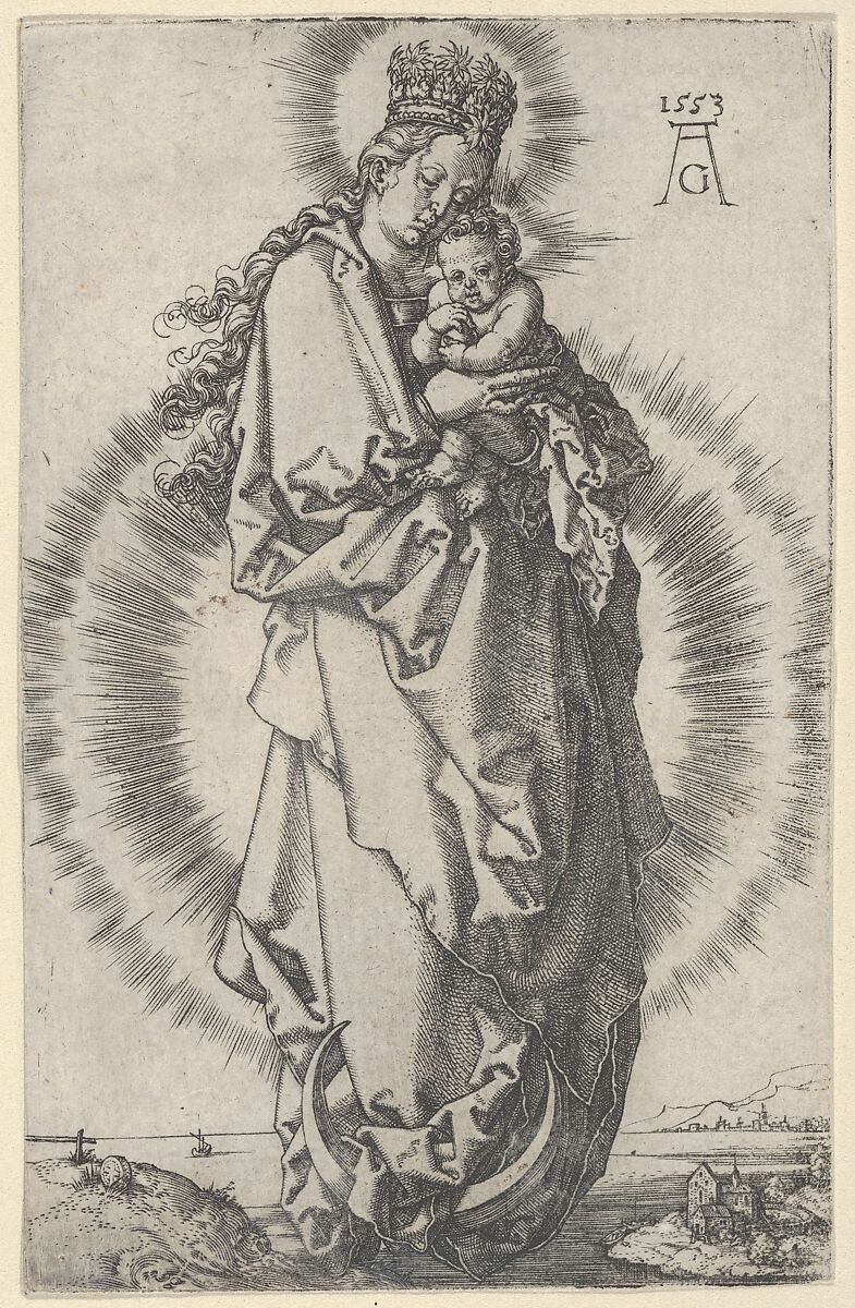 The Virgin and Child on a Crescent Moon, Heinrich Aldegrever (German, Paderborn ca. 1502–1555/1561 Soest), Engraving 