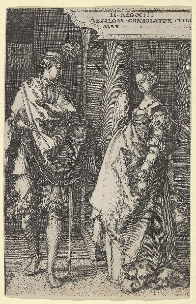 Absalom Comforting Tamar, from "The Story of Amnon and Tamar", Heinrich Aldegrever (German, Paderborn ca. 1502–1555/1561 Soest), Engraving; first state of two (New Hollstein) 