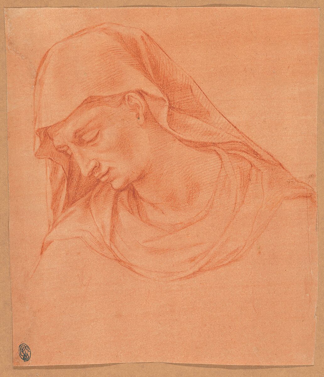 Head of a Mourning Woman in Profile to the Left, Girolamo Macchietti (Italian, Florence (?) ca. 1535–1592 Florence), Red chalk and white gouache on reddish ocher prepared paper 