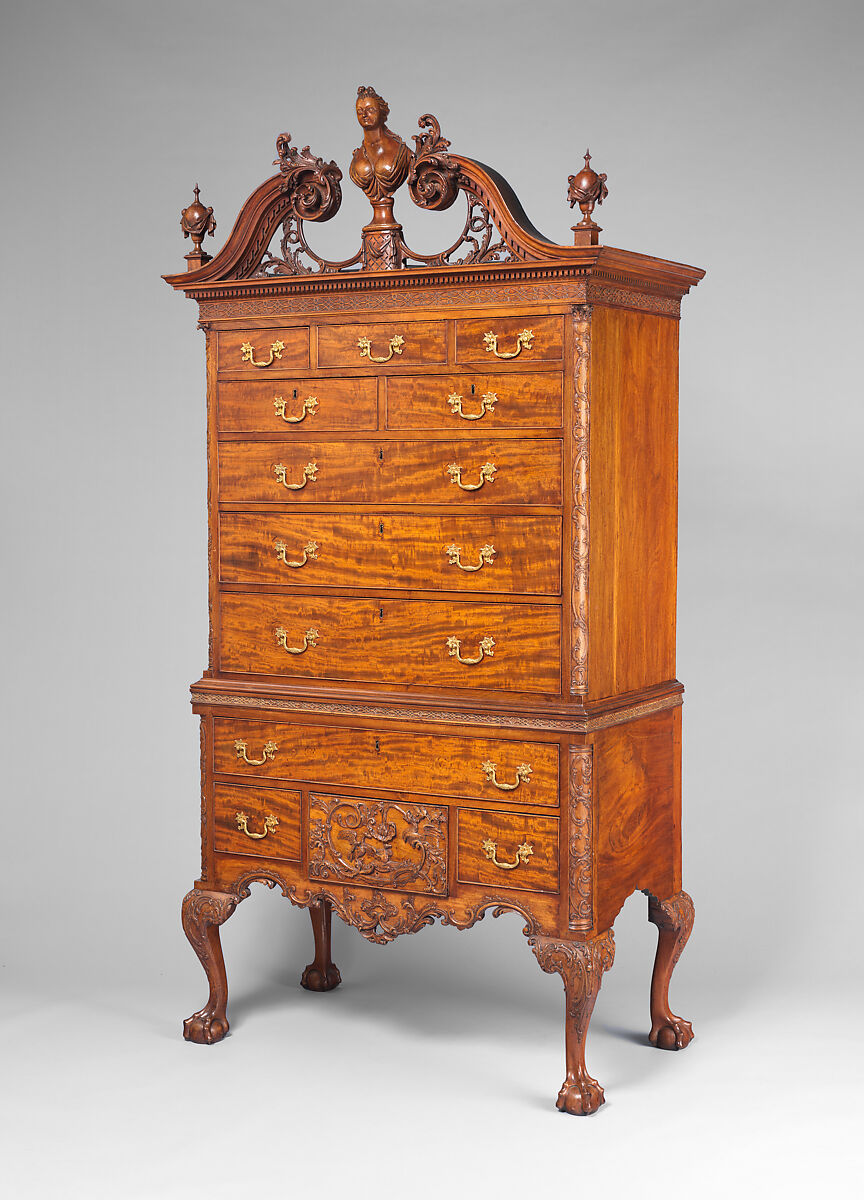 High chest of drawers, Mahogany, mahogany veneer, yellow pine, yellow poplar, northern white cedar; brass, American