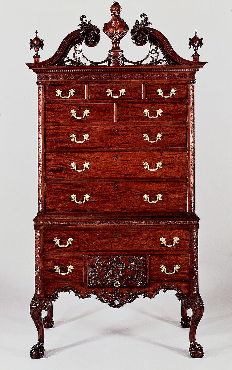 High chest of drawers, Mahogany, mahogany veneer, yellow pine, yellow poplar, northern white cedar; brass, American