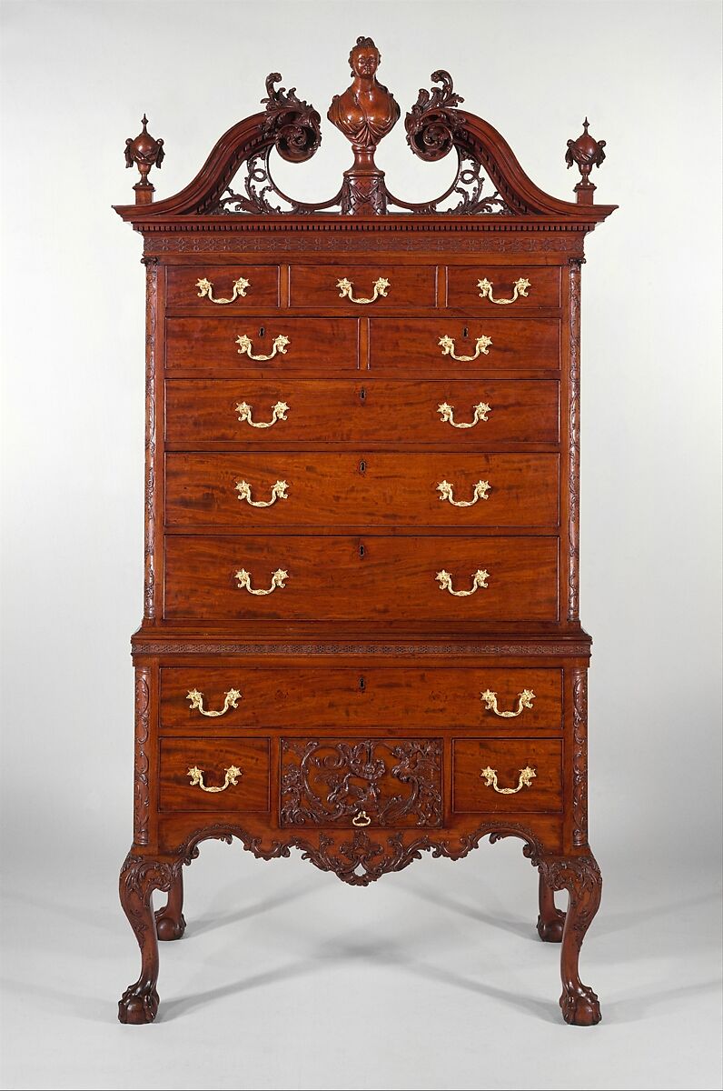 High chest of drawers, Mahogany, mahogany veneer, yellow poplar,
yellow pine, white cedar, American 