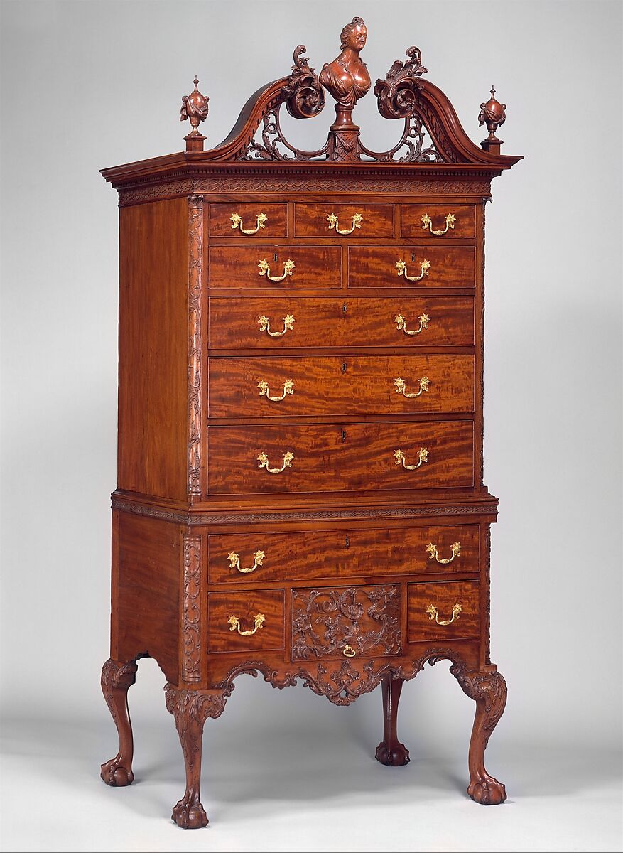 High chest of drawers, Mahogany, mahogany veneer, yellow pine, yellow poplar, northern white cedar; brass, American