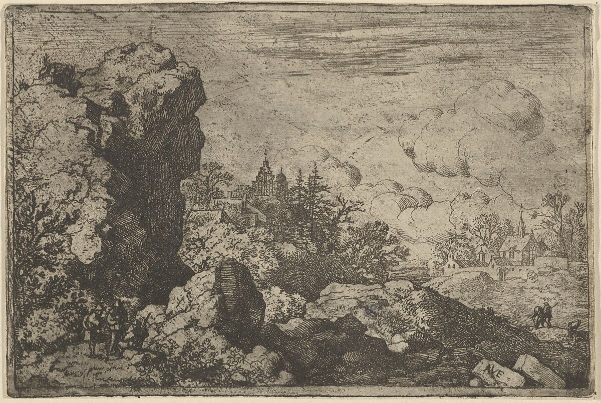 The Three Travellers at the Foot of High Rock, Allart van Everdingen (Dutch, Alkmaar 1621–1675 Amsterdam), Engraving; first state of four 