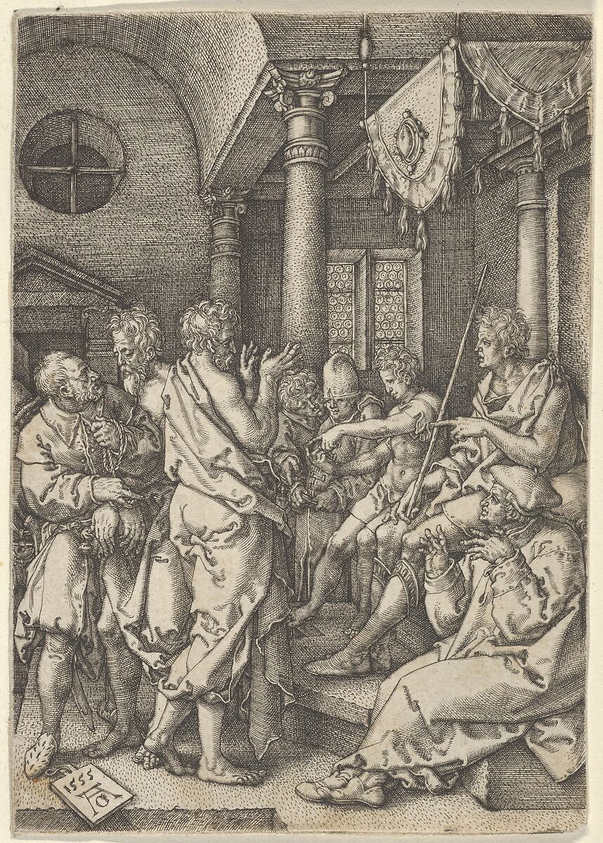 Daniel Cross-Examining the Elders, from "The Story of Susanna", Heinrich Aldegrever (German, Paderborn ca. 1502–1555/1561 Soest), Engraving; first state of two 