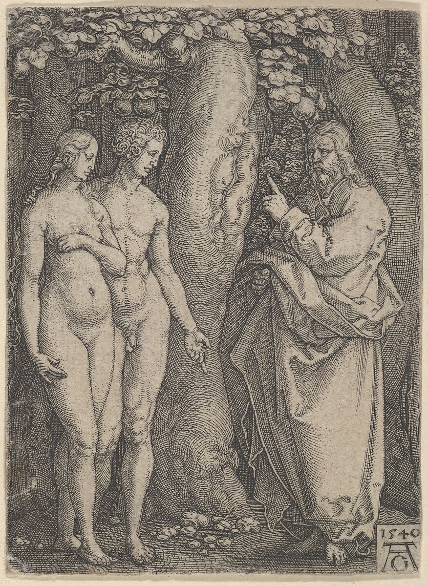 God Forbidding Adam and Eve to Eat from the Tree of Knowledge, from "The Story of Adam and Eve", Heinrich Aldegrever (German, Paderborn ca. 1502–1555/1561 Soest), Engraving 