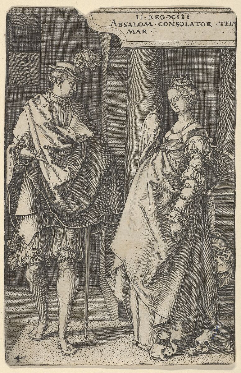 Absalom Comforting Tamar, Heinrich Aldegrever (German, Paderborn ca. 1502–1555/1561 Soest), Engraving; second state of two (New Hollstein) 