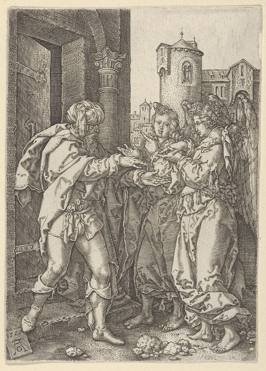Lot Welcomes the Angels, from The Story of Lot, Heinrich Aldegrever (German, Paderborn ca. 1502–1555/1561 Soest), Engraving 
