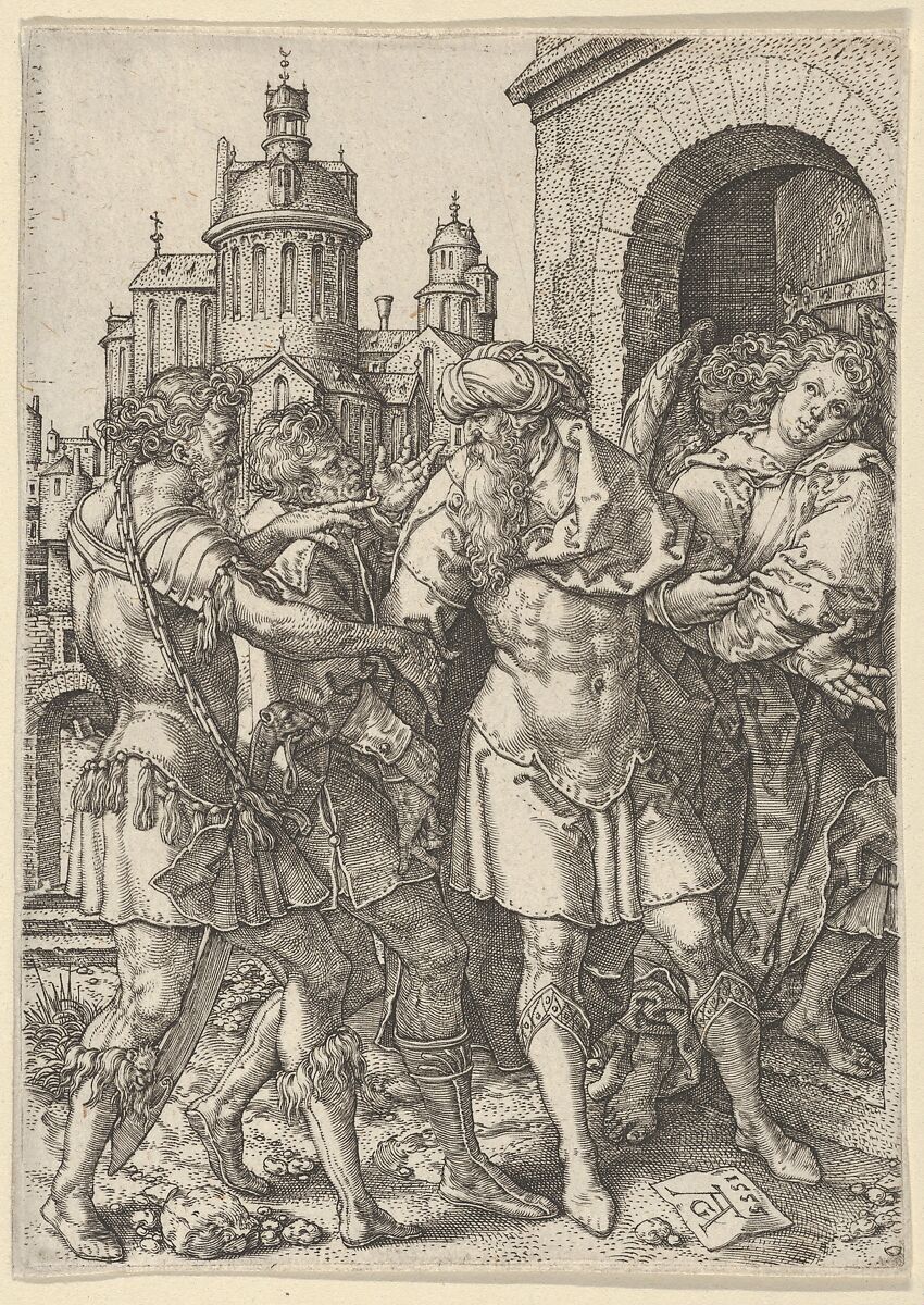 Lot Prevents the Sodomites from Violence, from The Story of Lot, Heinrich Aldegrever (German, Paderborn ca. 1502–1555/1561 Soest), Engraving 