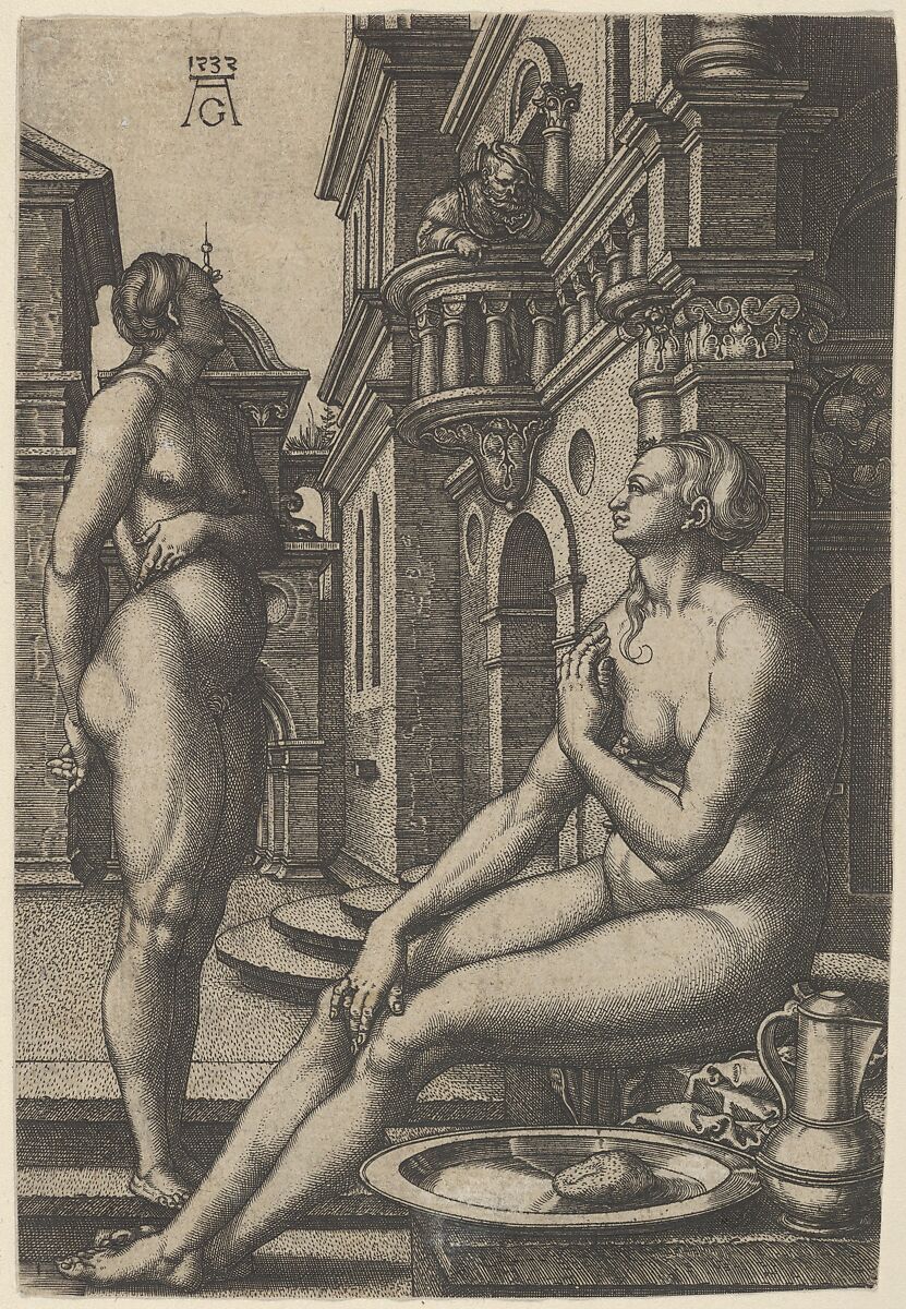 Bathsheba at the Bath, Heinrich Aldegrever (German, Paderborn ca. 1502–1555/1561 Soest), Engraving; second state of three (New Hollstein) 