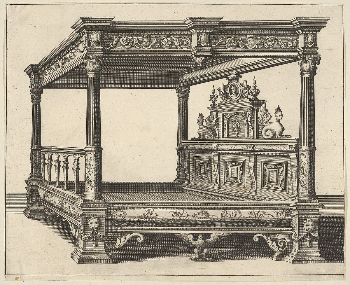 Canopy Bed from 'Verscheyden Schrynwerck (...)' ['Plusieurs Menuiseries (...)'], Paul Vredeman de Vries (Netherlandish,  Antwerp 1567–1630), Engraving 
