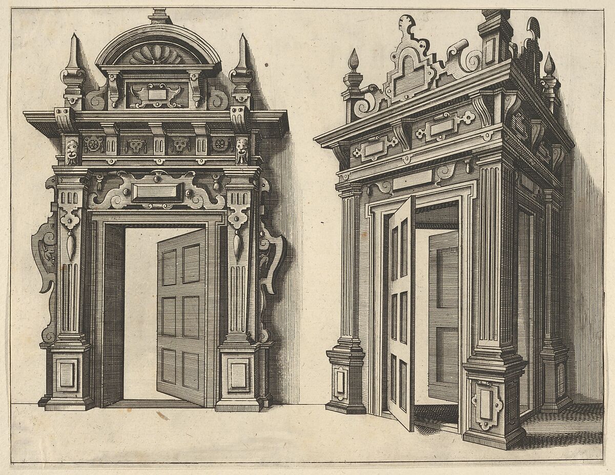 Two Wooden Portals from 'Verscheyden Schrynwerck (...)' ['Plusieurs Menuiseries (...)'], Paul Vredeman de Vries (Netherlandish,  Antwerp 1567–1630), Engraving 