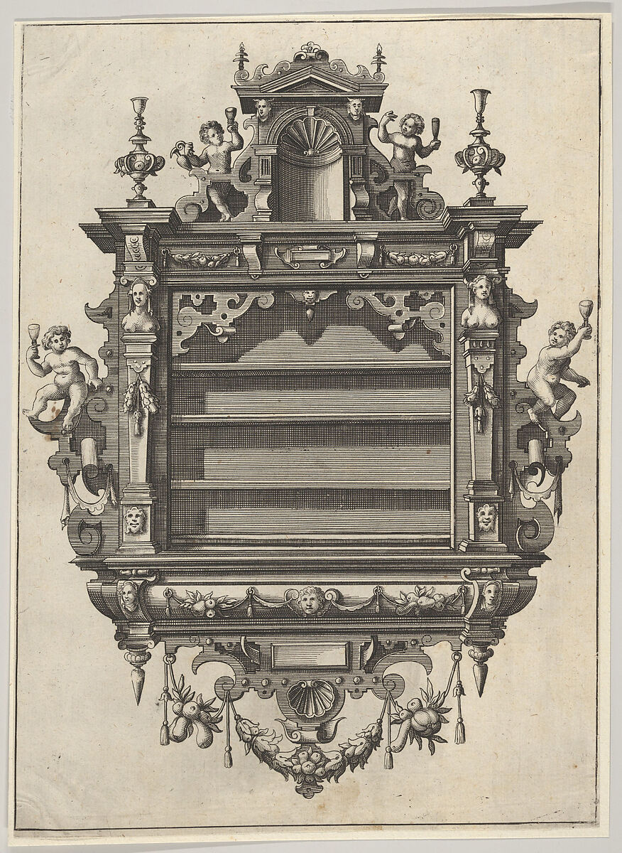 Wall-mounted Shelf Unit from 'Verscheyden Schrynwerck (...)' ['Plusieurs Menuiseries (...)'], after Paul Vredeman de Vries (Netherlandish,  Antwerp 1567–1630), Engraving 