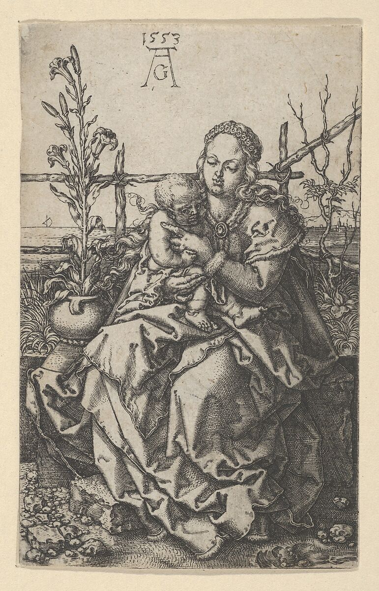 The Virgin and Child on a Grassy Bank, Heinrich Aldegrever (German, Paderborn ca. 1502–1555/1561 Soest), Engraving 