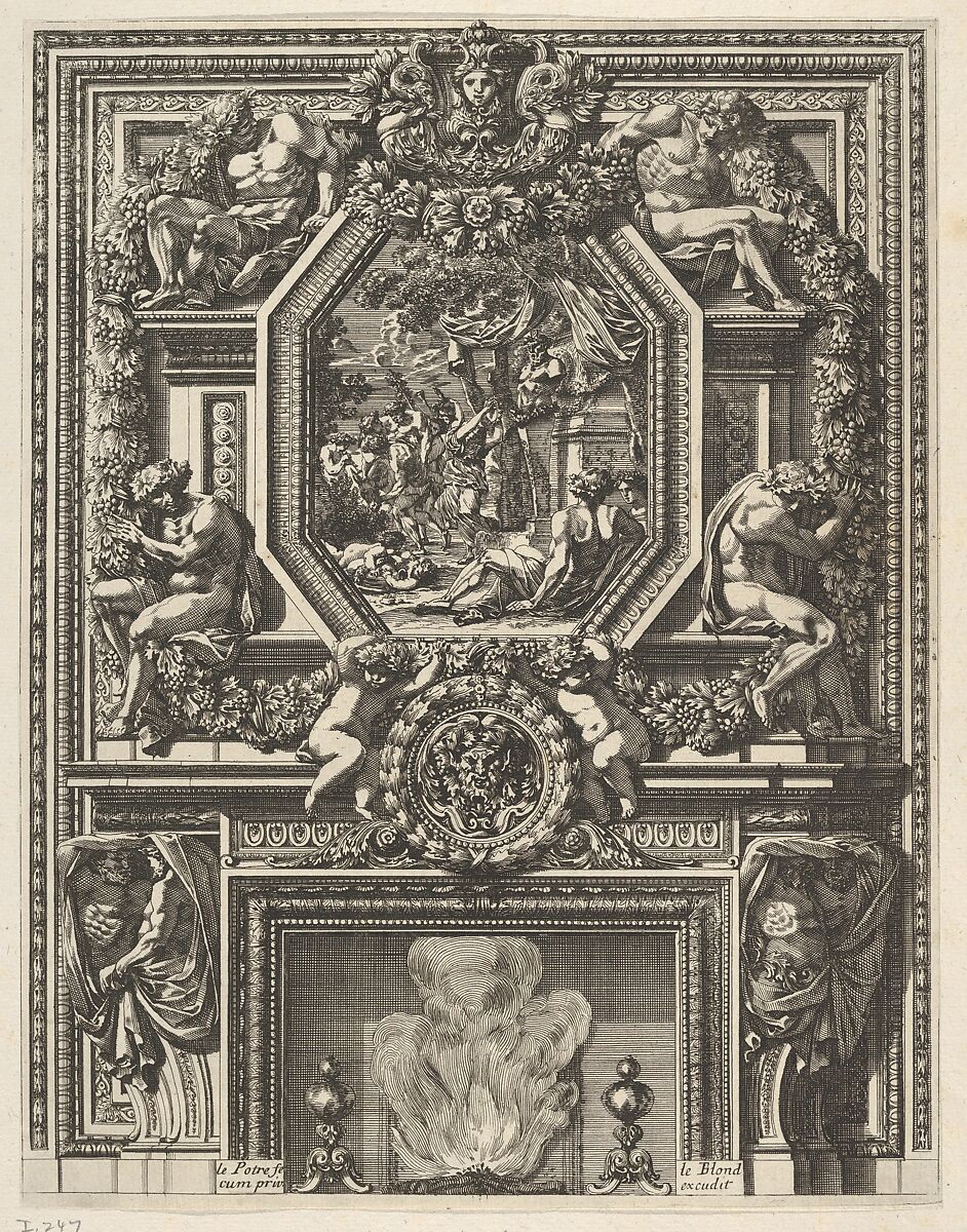 Chimney with a Bacchanal over the Mantle from 'Grandes Cheminée', Jean Le Pautre (French, Paris 1618–1682 Paris), etching [2nd edition] 