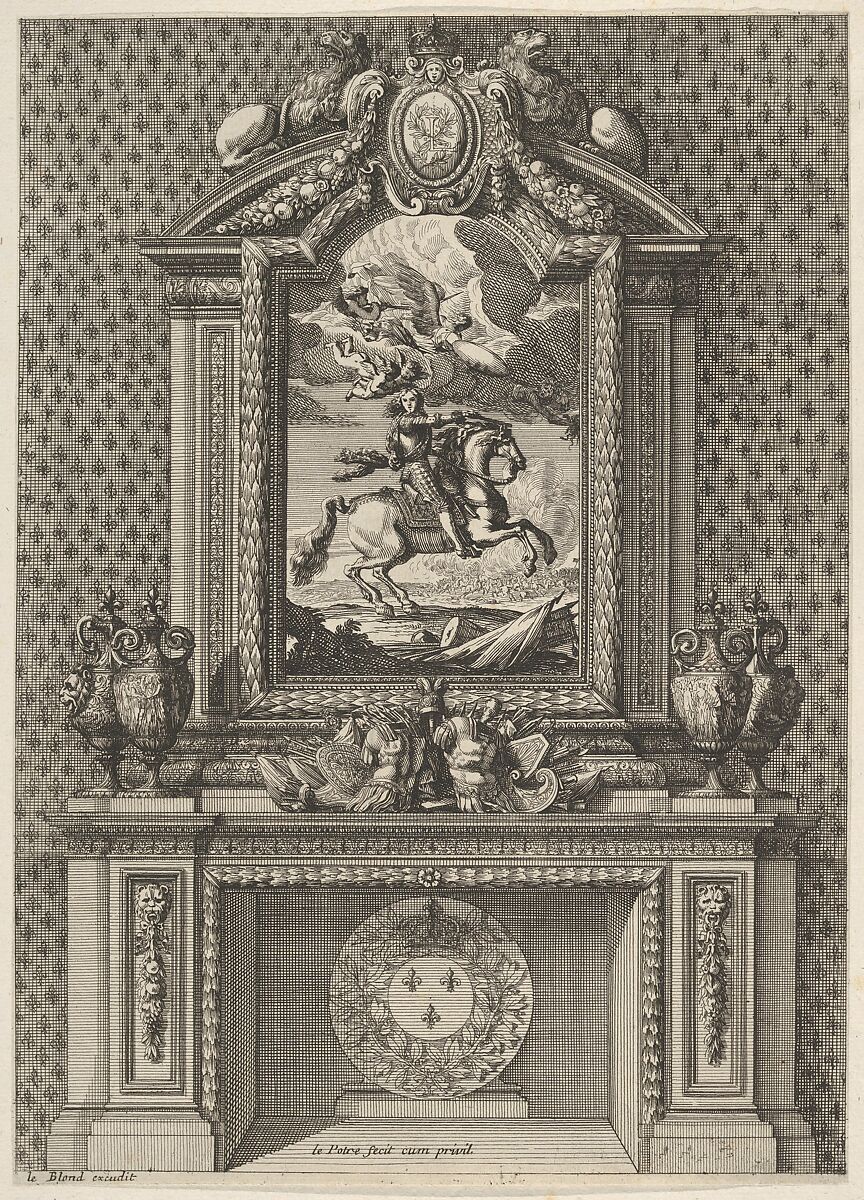 Chimney with a Painting of Louis XIV over the Mantle, from 'Grandes Cheminée', Jean Le Pautre (French, Paris 1618–1682 Paris), etching [2nd edition] 