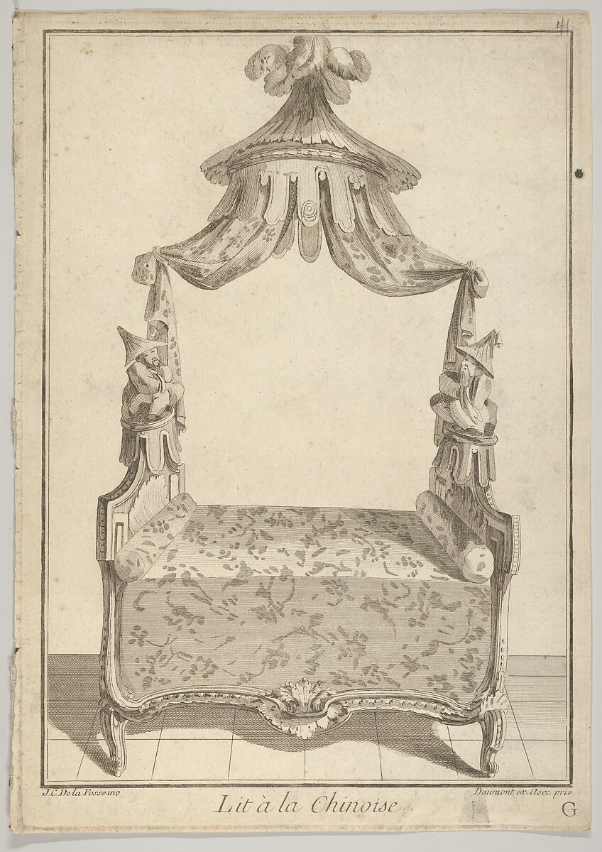 Lit à la Chinoise (Chinese Bed), from Nouvelle iconologie historique (part III, series marked 'G'), Jean Charles Delafosse (French, Paris 1734–1789 Paris), Etching and engraving 