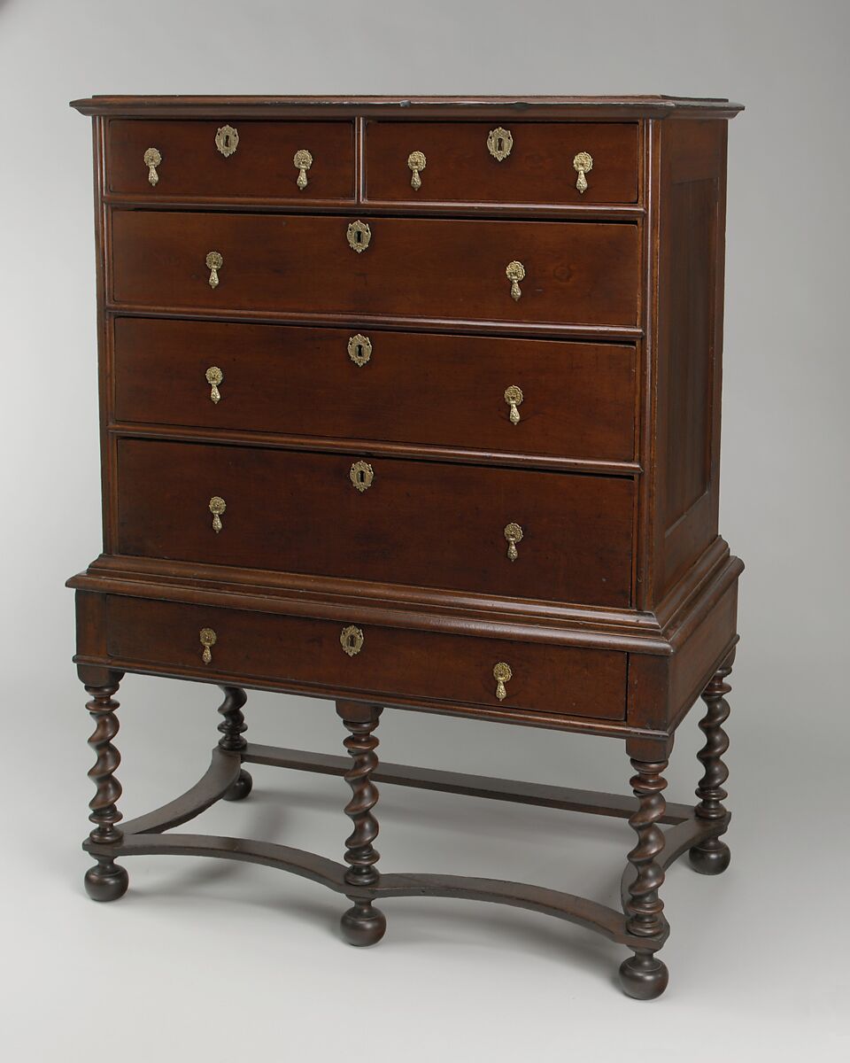 High chest of drawers, Sweet gum, yellow poplar, yellow pine, white oak, American or British 