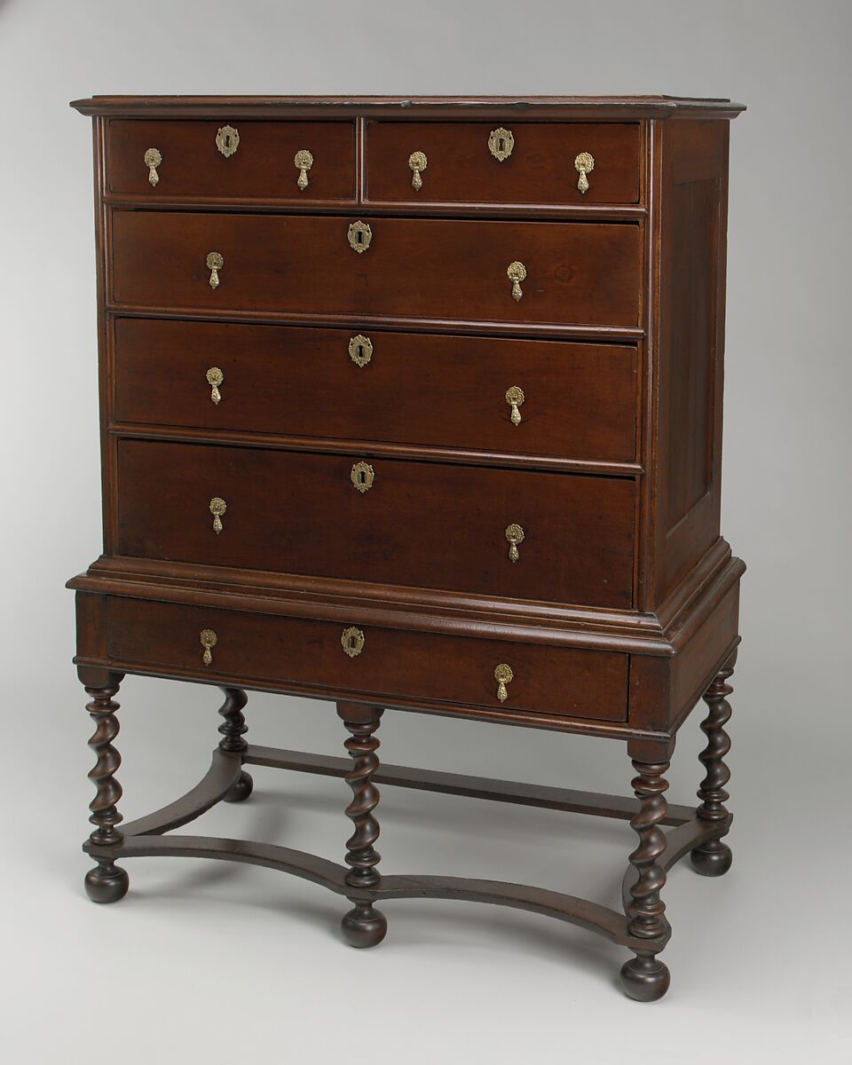 High chest of drawers, Sweet gum, yellow poplar, yellow pine, white oak, American or British