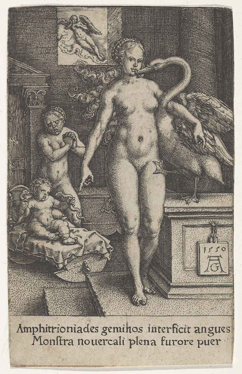 Leda with the Swan and Hercules as a Child, from "The Labors of Hercules", Heinrich Aldegrever (German, Paderborn ca. 1502–1555/1561 Soest), Engraving 