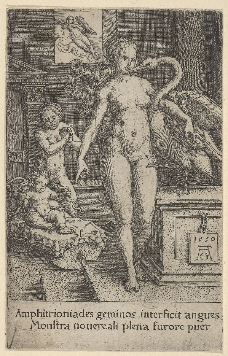 Leda with the Swan and Hercules as a Child, from The Labors of Hercules, Heinrich Aldegrever (German, Paderborn ca. 1502–1555/1561 Soest), Engraving 