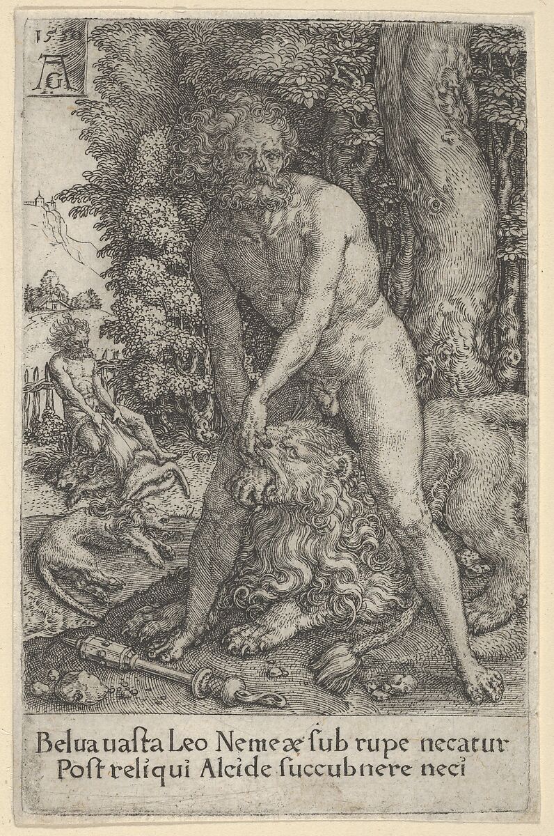 The Fight with the Nemean Lion, from The Labors of Hercules, Heinrich Aldegrever (German, Paderborn ca. 1502–1555/1561 Soest), Engraving 