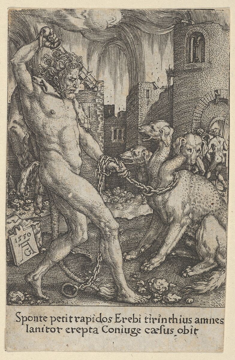 Hercules and Cerberus, from "The Labors of Hercules", Heinrich Aldegrever (German, Paderborn ca. 1502–1555/1561 Soest), Engraving 